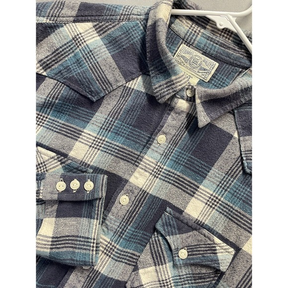 LUCKY Brand Sz Large Men's Flannel Shirt Blue Plaid Button Up Long Sleeve Cotton - Picture 1 of 6